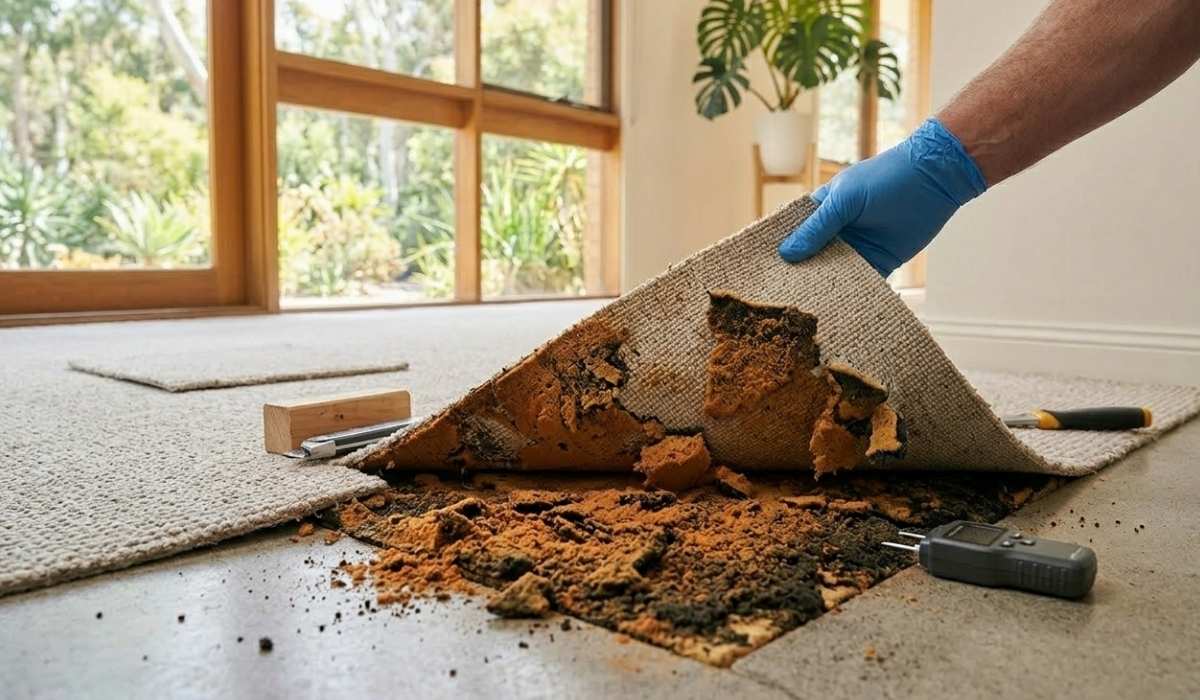 A gloved hand peeling back a corner of beige carpet to reveal crumbling, decayed foam underlay on a concrete floor.