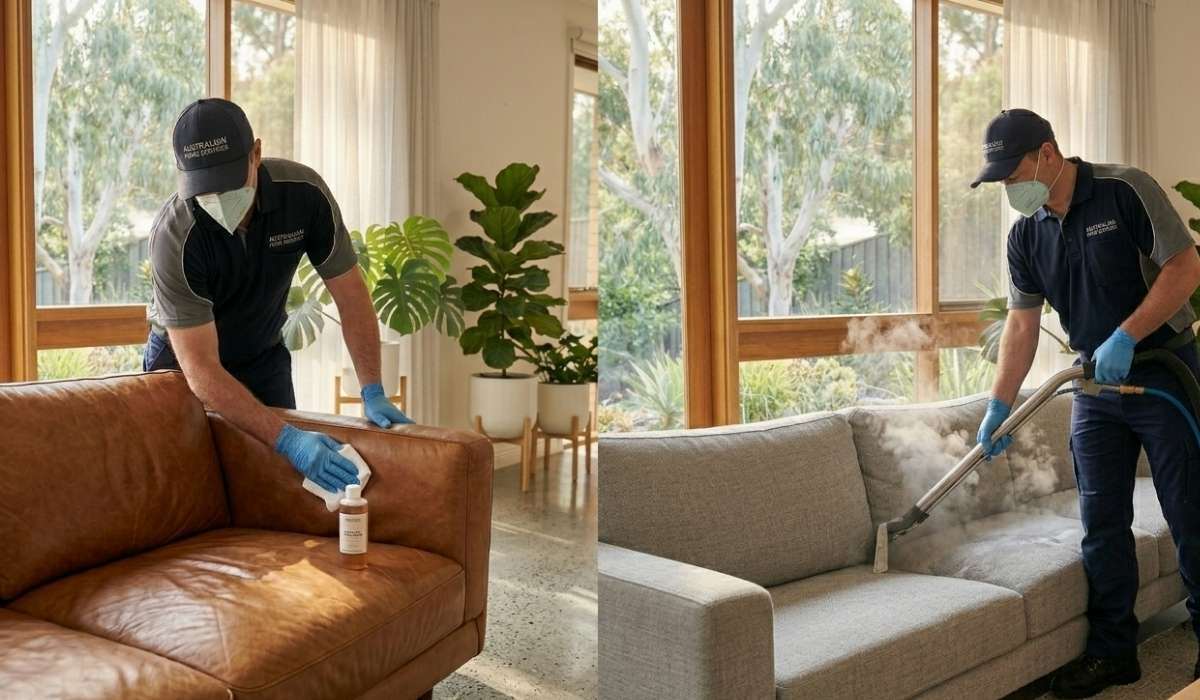 A split-screen image showing a technician hand-cleaning a tan leather sofa on the left and using a steam extraction machine on a grey fabric sofa on the right.